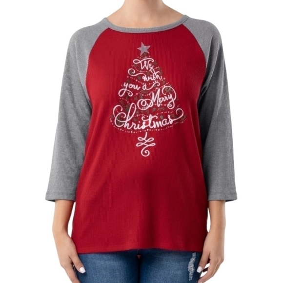 Holiday Time Christmas Thermal 3/4 Sleeve Top - Picture 1 of 7